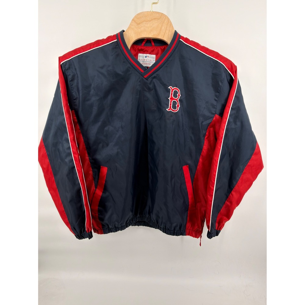 Vintage Boston Red Sox V-Neck Pullover Windbreaker Jacket Mens XL Navy Red MLB